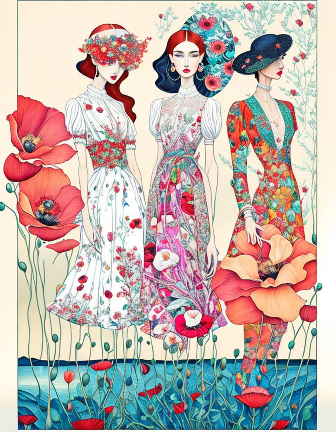 Illustrated Women in Floral Dresses with Poppy Motifs