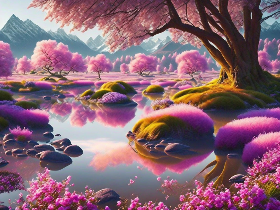 Fantastical landscape with purple and pink flora and tranquil water