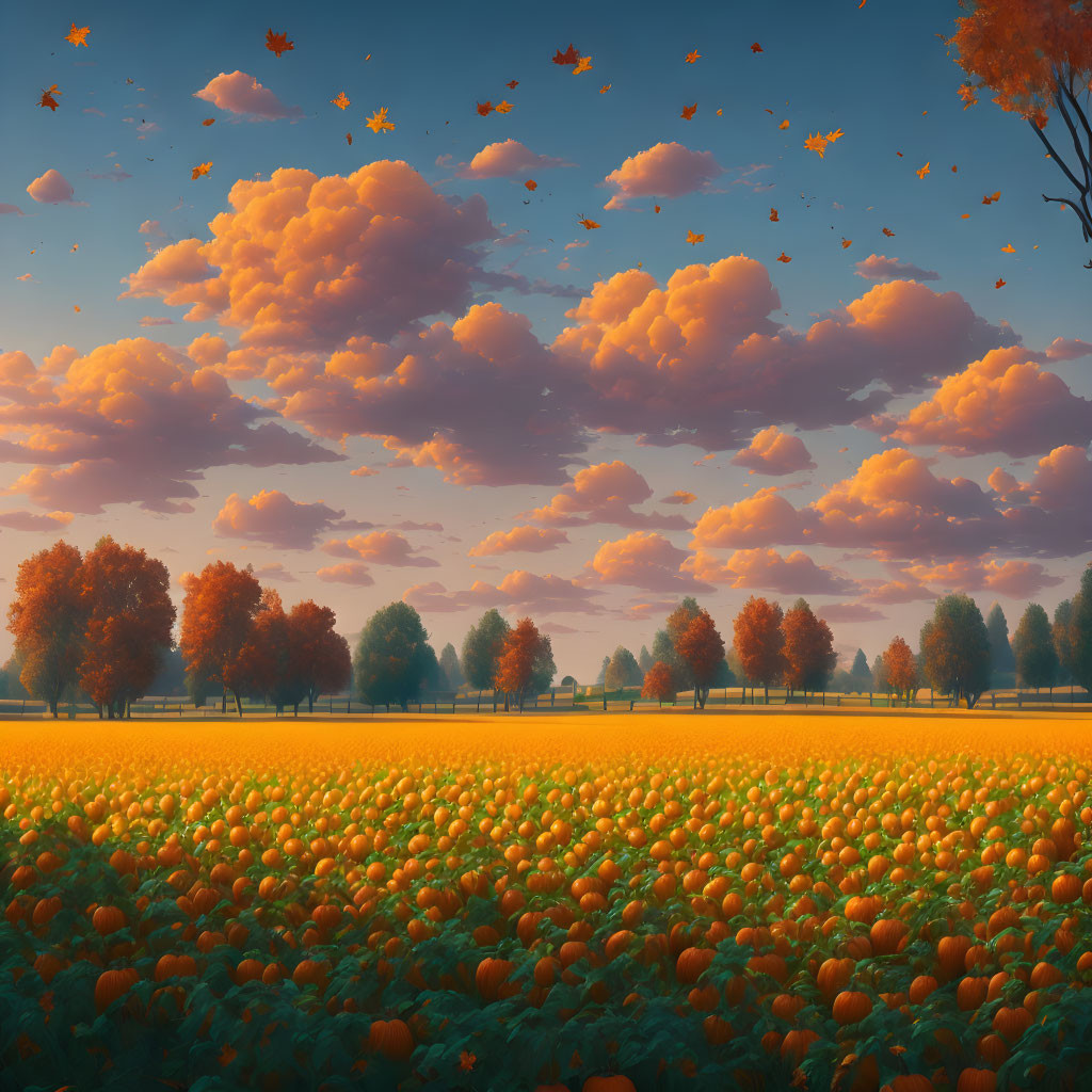 Picturesque Pumpkin Field at Sunset with Golden-lit Clouds and Autumn Leaves