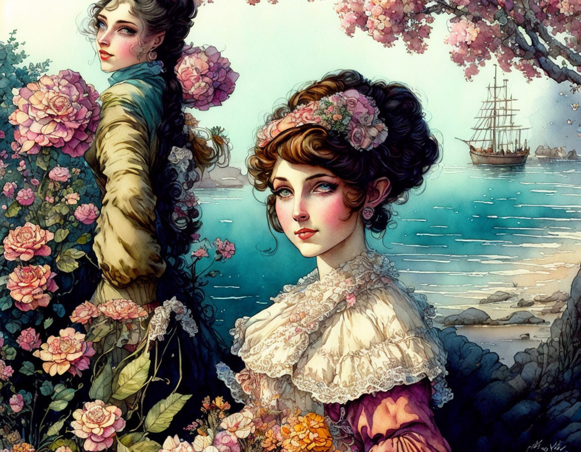 Victorian women with intricate hairstyles in front of floral backdrop and sailing ship.