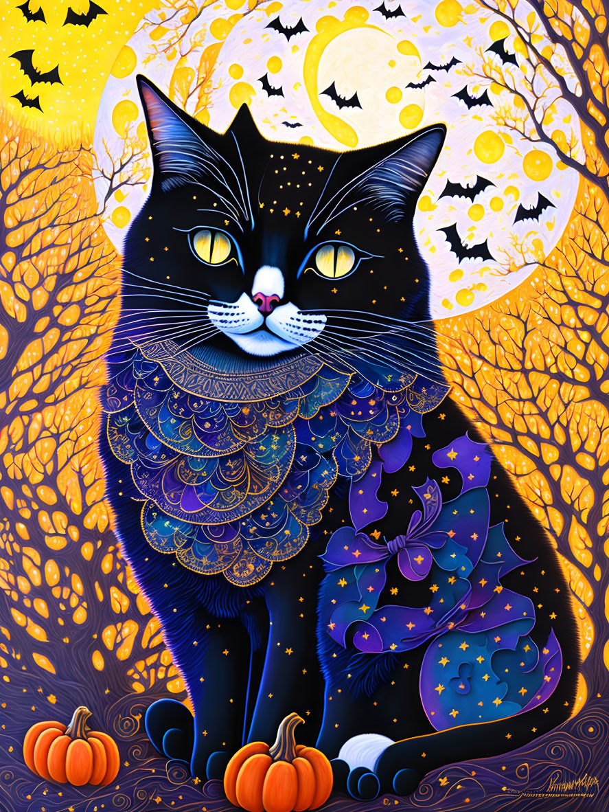 Black cat illustration with pumpkins, tree, full moon, and bats.