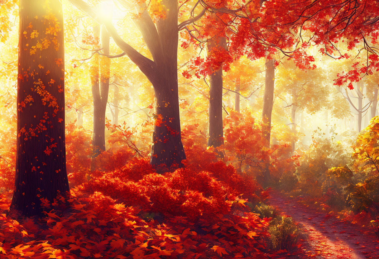 Vibrant autumn forest with golden sunlight and colorful leaves