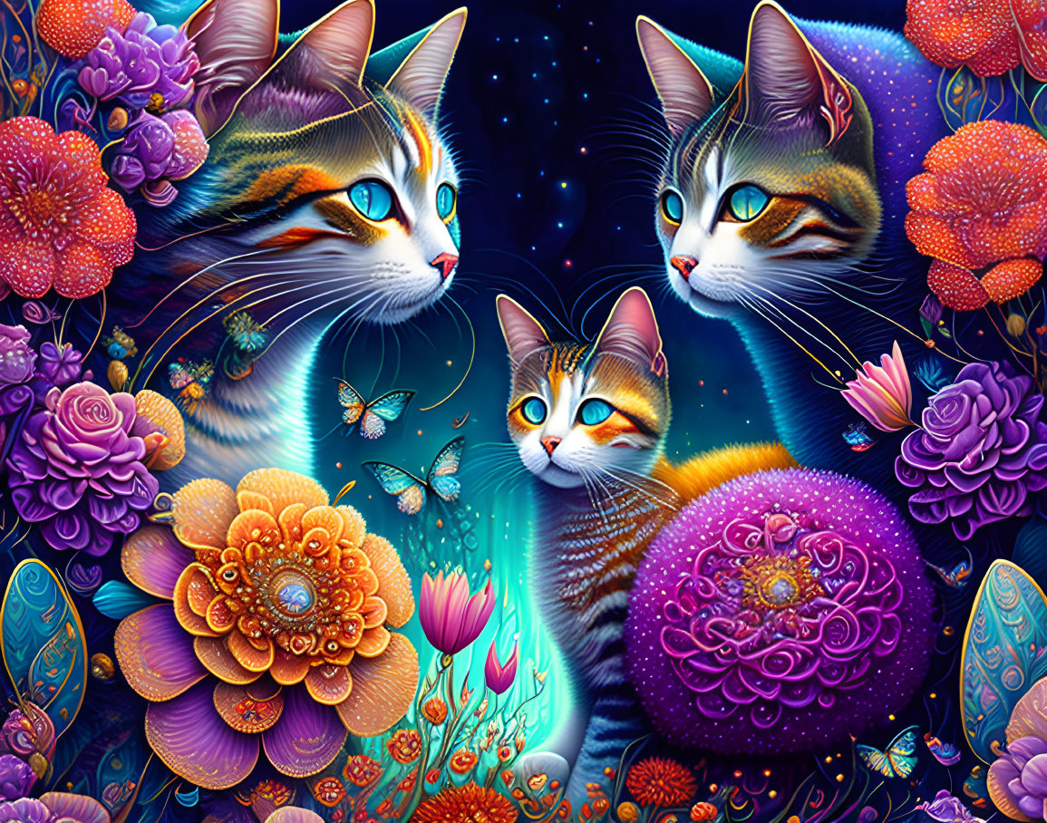 Colorful Stylized Cats with Flowers and Butterflies on Blue Background