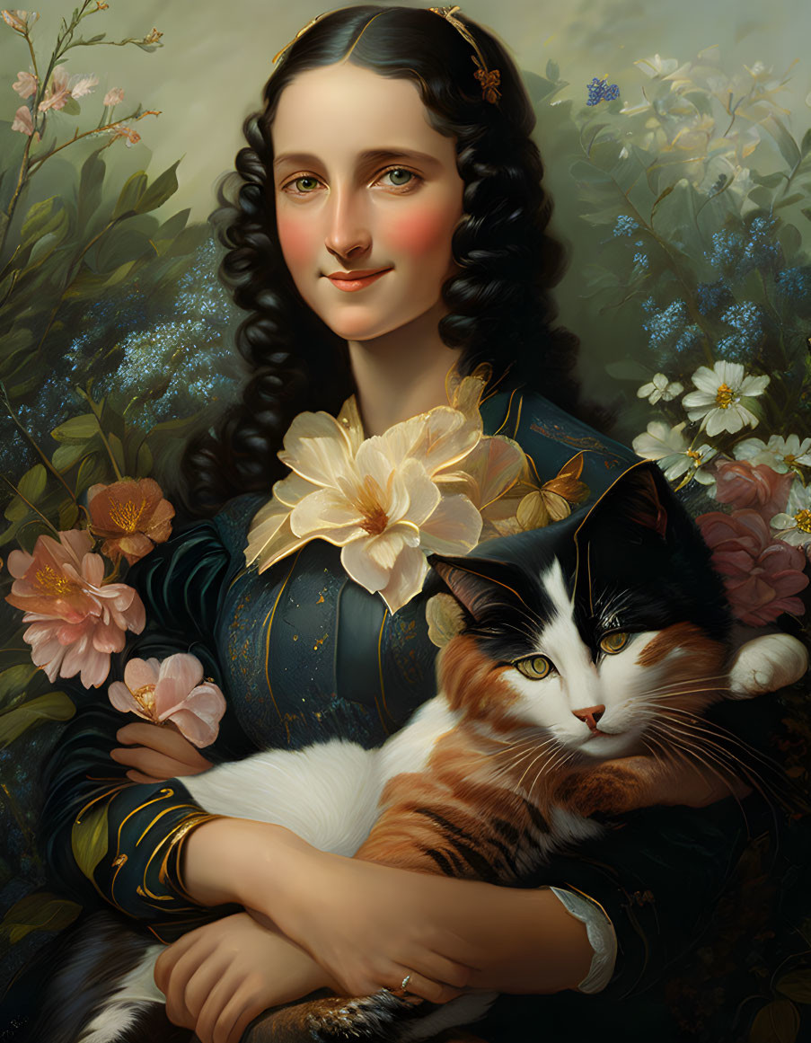 Portrait of woman with dark hair holding black and white cat among flowers