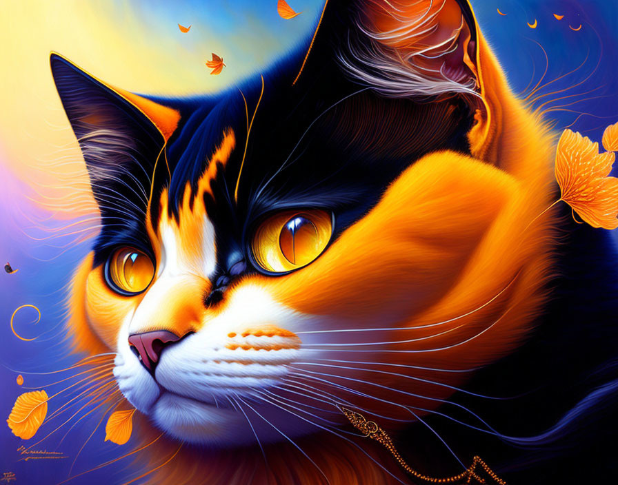 Colorful Calico Cat Artwork with Yellow Eyes and Golden Leaves on Blue Background