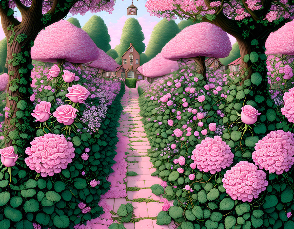 Vibrant pink trees and oversized roses along whimsical garden pathway