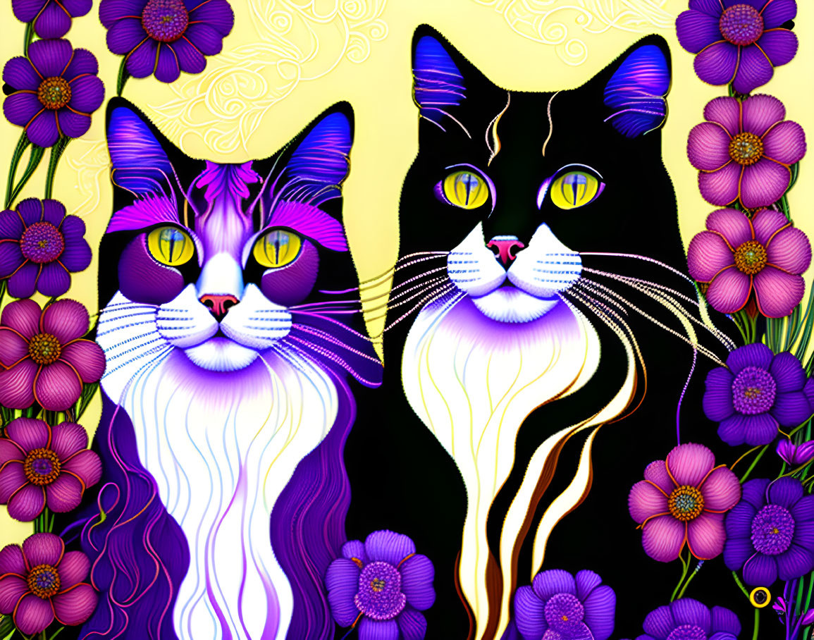 Colorful digital artwork featuring stylized cats and floral patterns on a yellow background