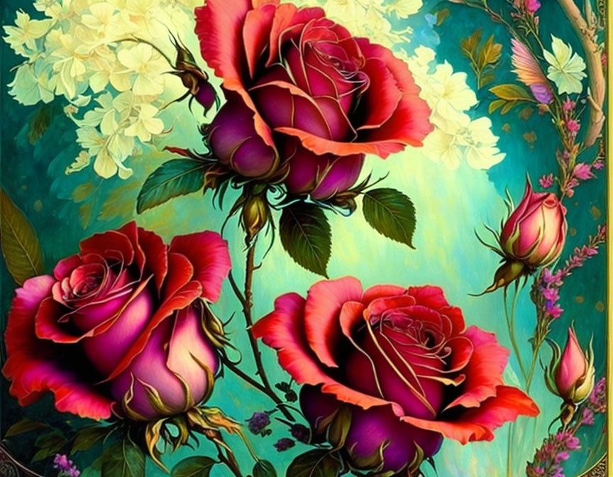 Colorful digital artwork featuring crimson roses with yellow-tinted edges, white flowers, and green leaves