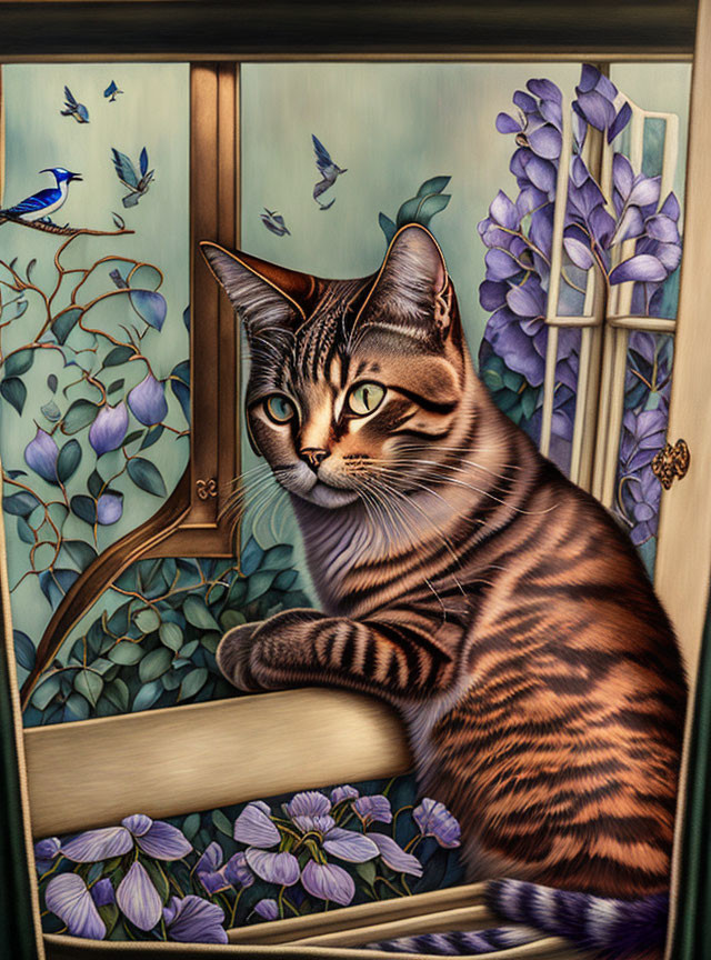 Tabby Cat Resting on Windowsill with Purple Flowers and Bluebird