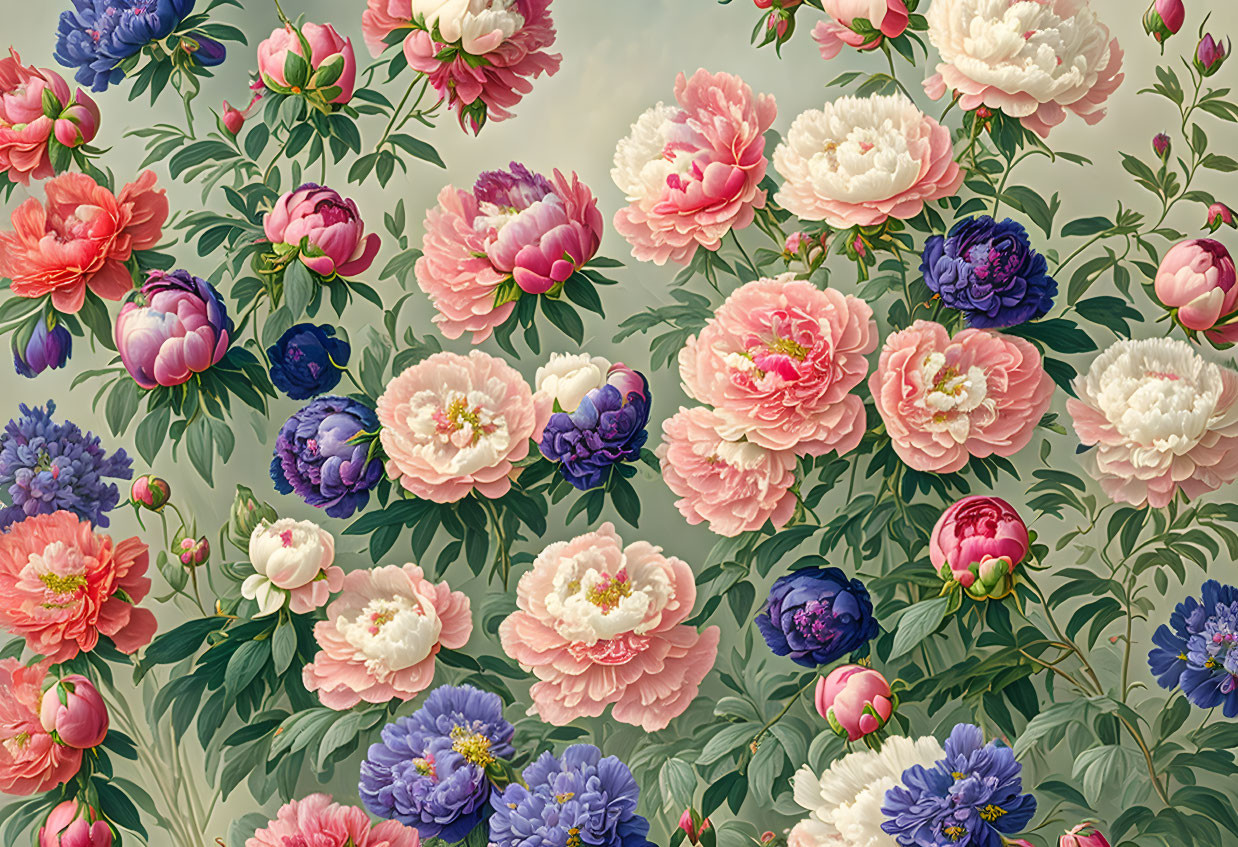 Floral Pattern with Pink, Red, & Purple Peonies on Soft Background