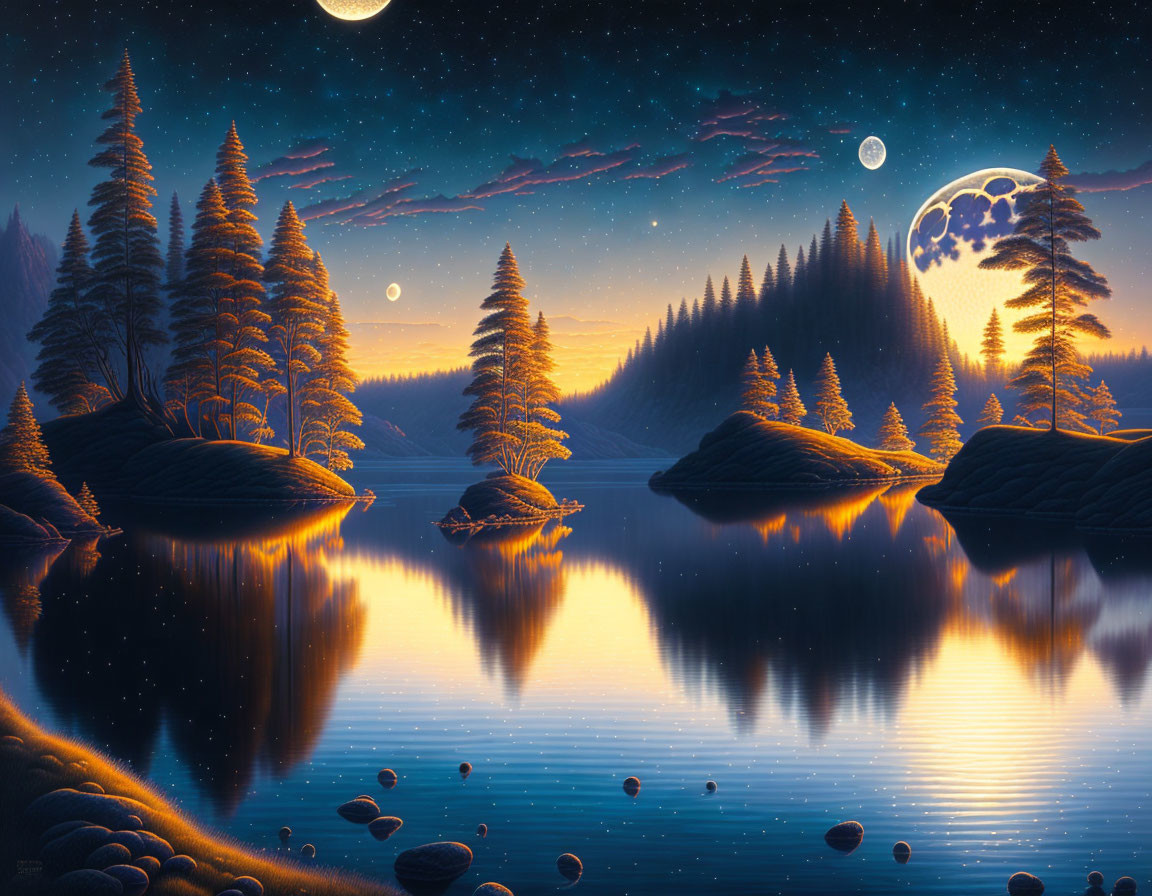 Serene night landscape with reflective lake, pine trees, starry sky, and two moons