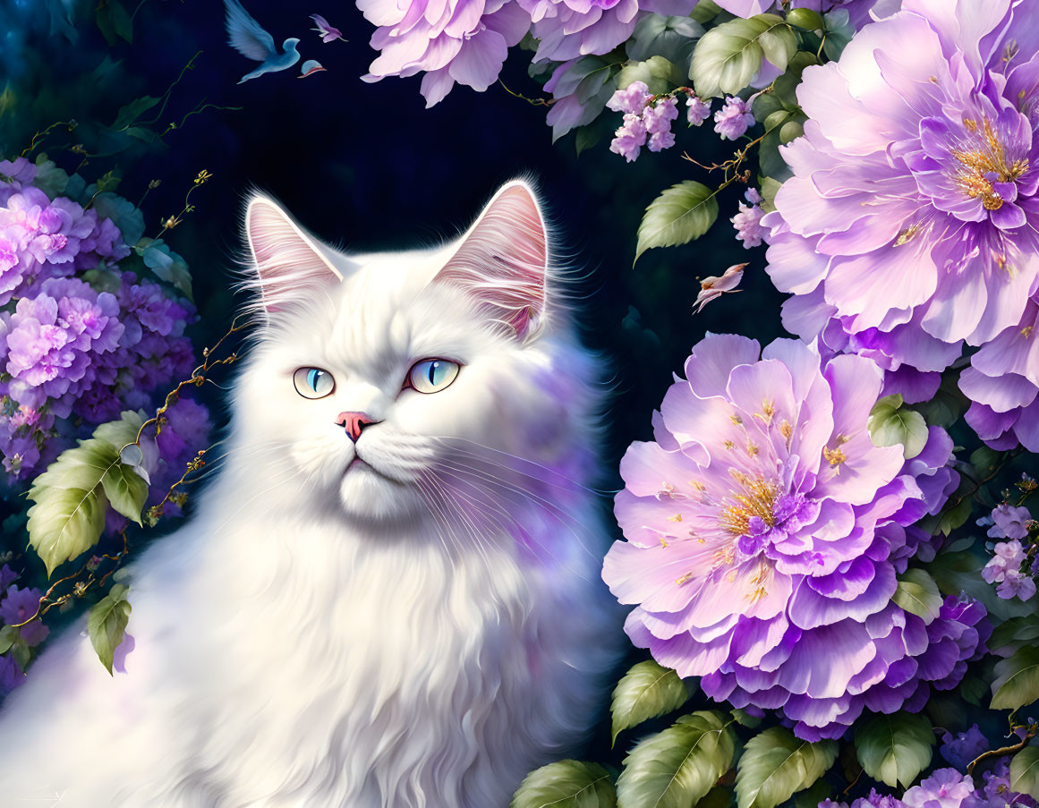 Fluffy White Cat with Blue Eyes Among Purple Flowers and Green Foliage