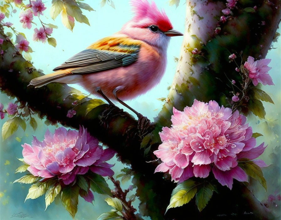 Colorful Bird with Pink Crest on Branch Amid Pink Peonies & Blue Background