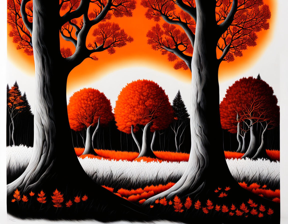 Colorful Stylized Forest Artwork with Black and White Trees and Fiery Sky