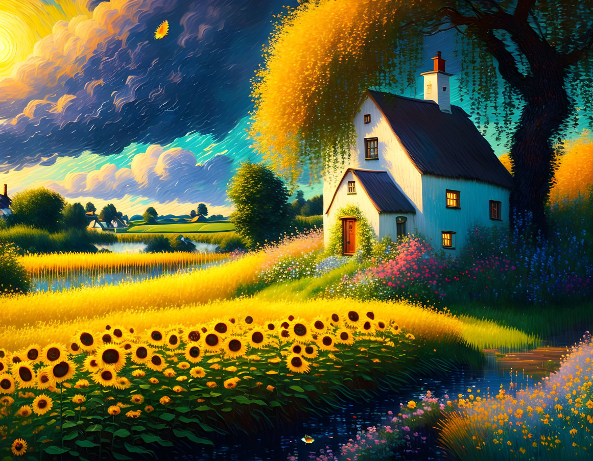 Colorful painting of cottage near sunflower field under starry sky