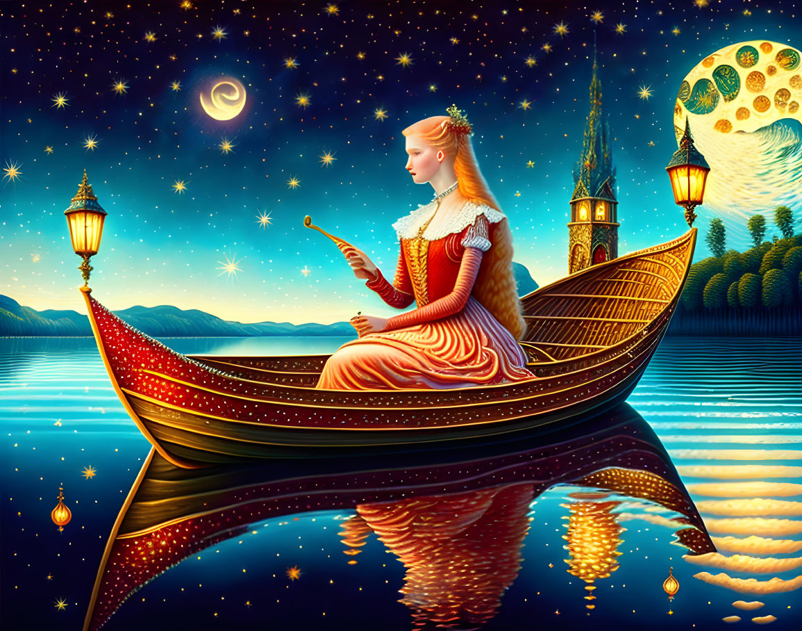 Woman in Red Dress in Gondola Under Starry Sky with Moons and Castle Reflection