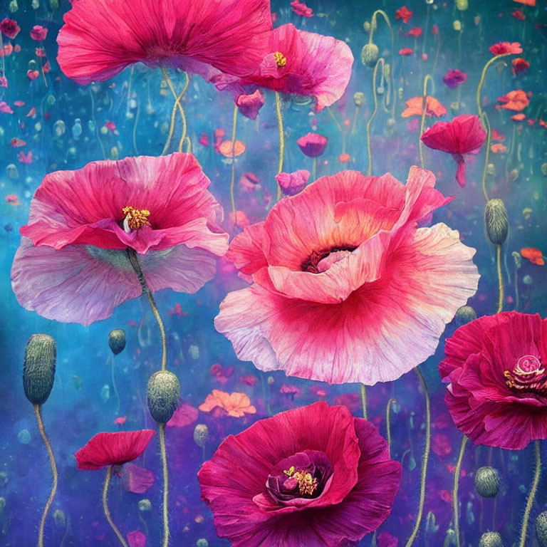 Colorful pink and red poppies on dreamy blue background with floating dots