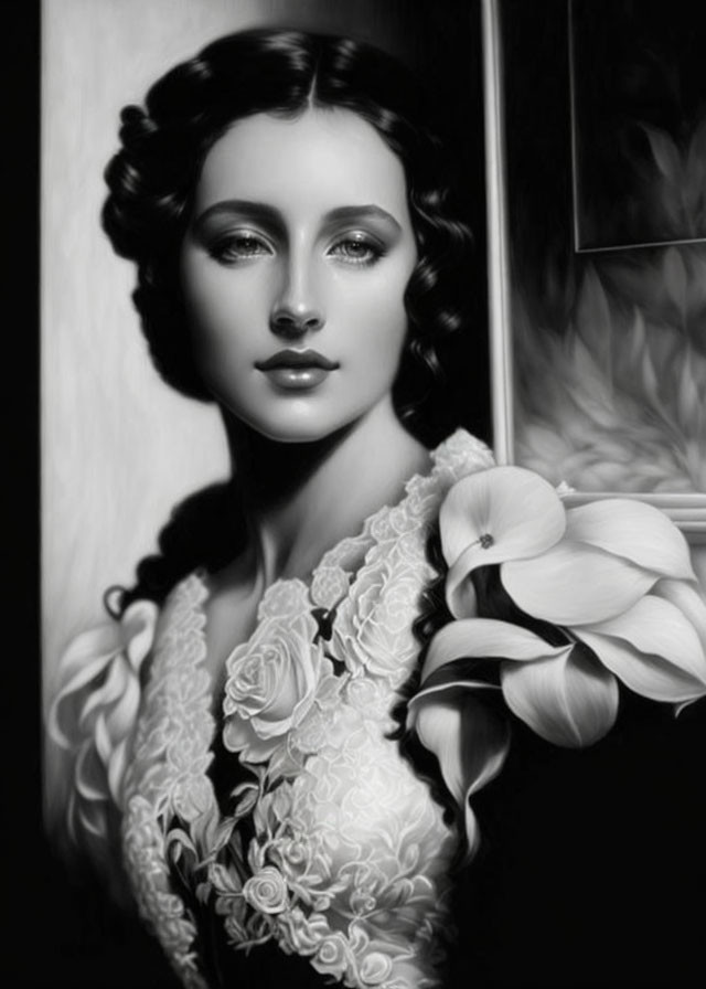 Monochrome portrait of woman with braided hair in floral dress holding white orchid