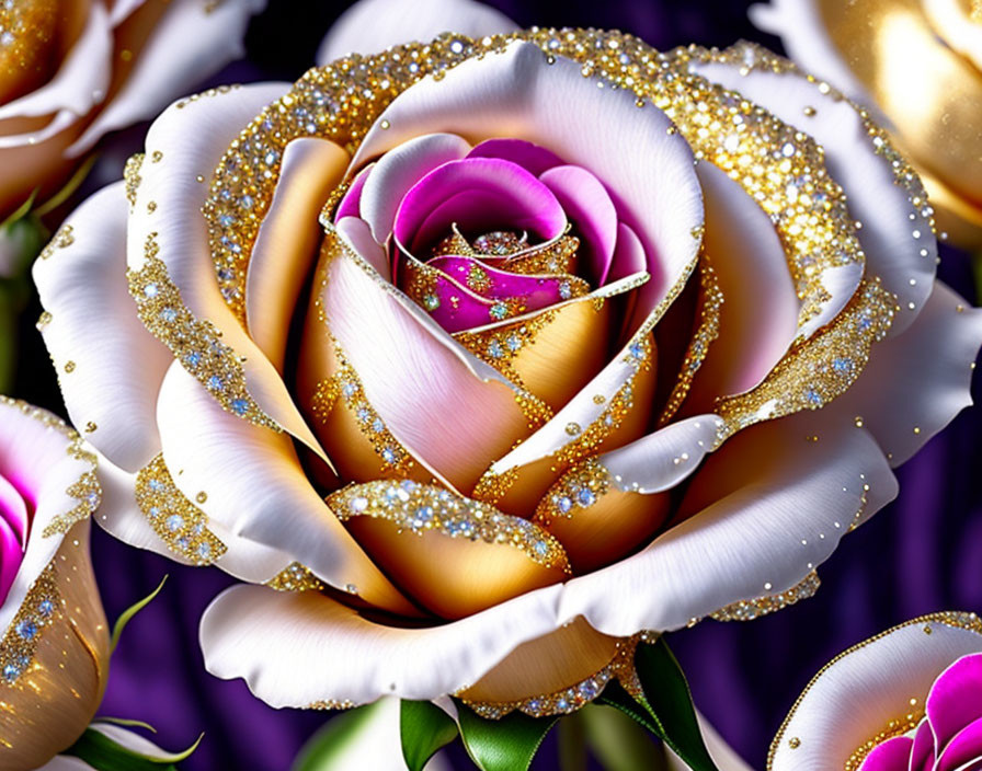 Digitally altered rose with pink and white petals, golden glitter on purple background