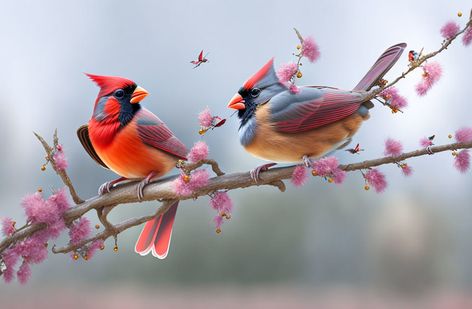 Colorful Cardinals on Blooming Branch with Pink Flowers - Digital Art