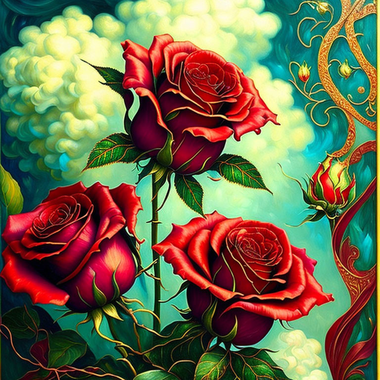 Detailed red roses on textured blue and green background with ornate golden scrollwork