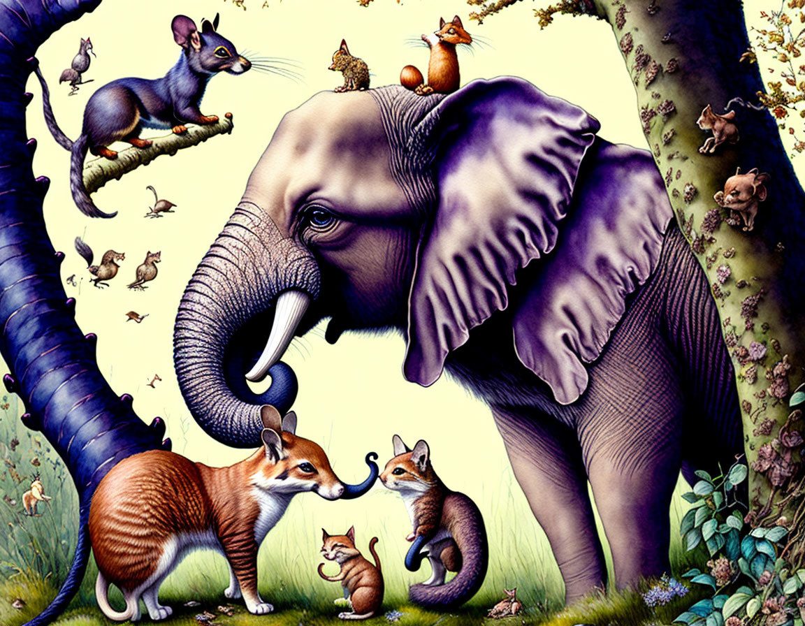 Whimsical forest illustration with elephant and various animals