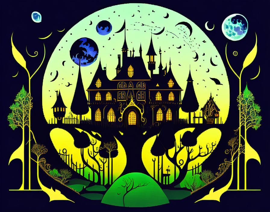 Fantasy castle surrounded by colorful trees and celestial bodies