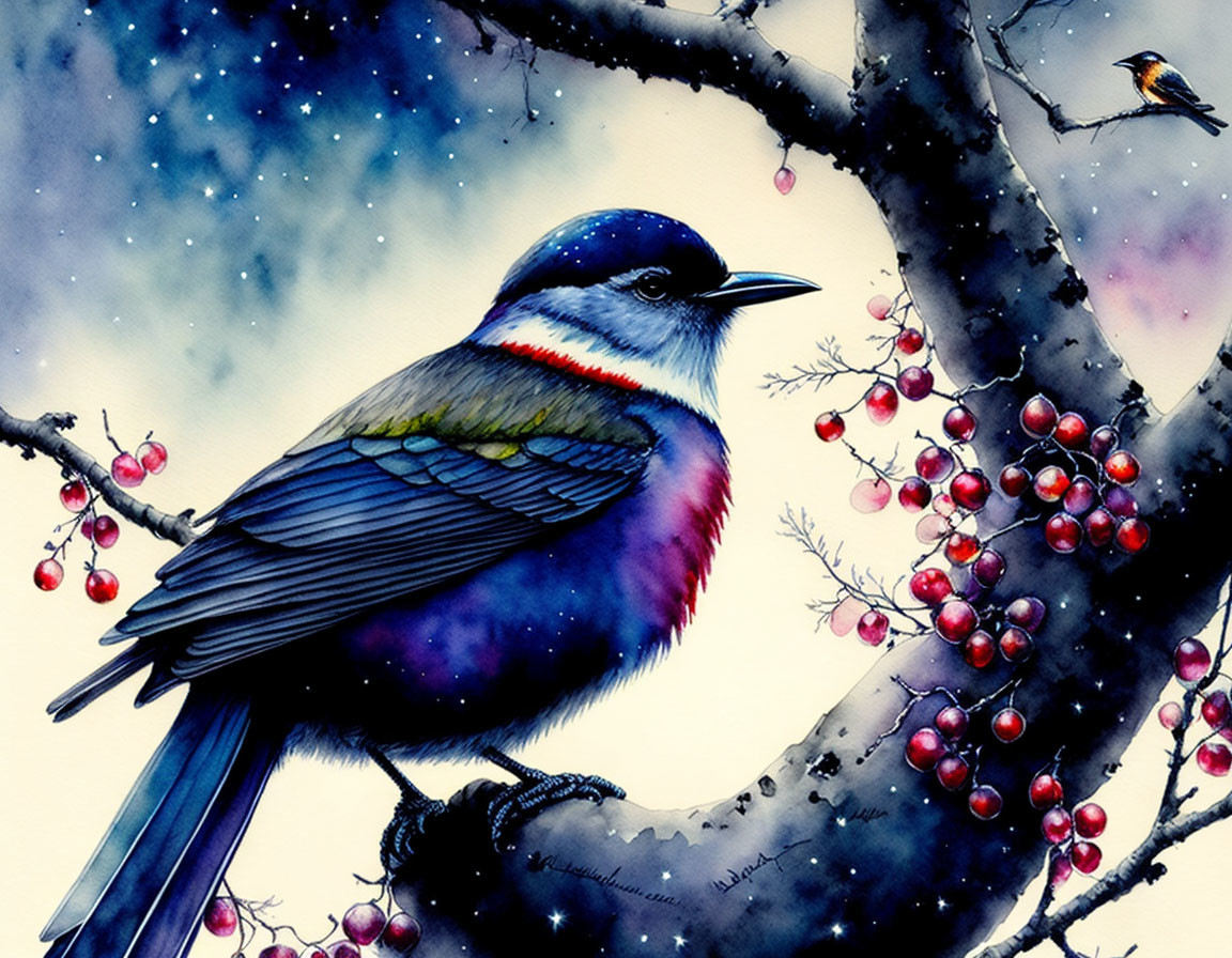 Colorful bird on branch under starry sky with red berries.