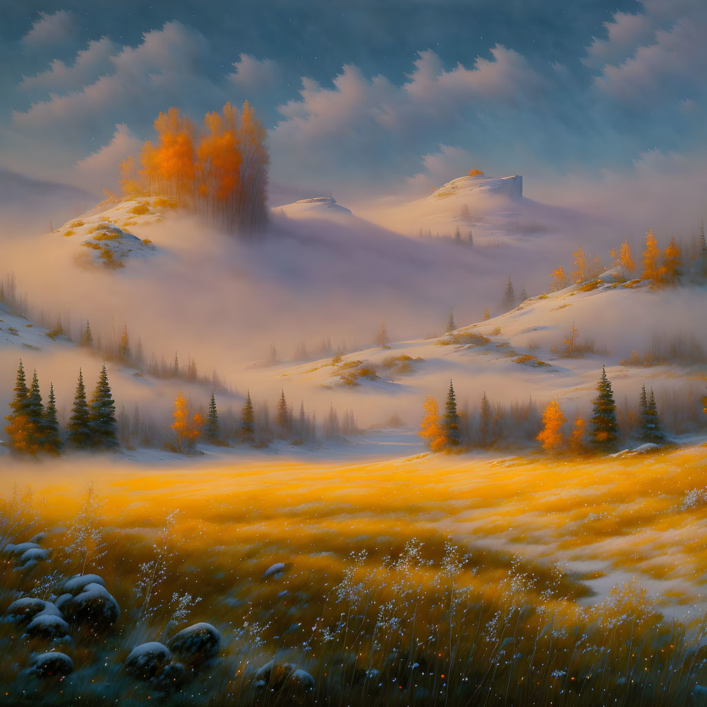 Tranquil landscape: golden meadows, misty hills, autumn trees