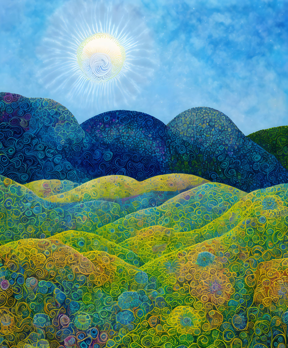 Colorful Stylized Landscape with Patterned Hills and Radiant Sun