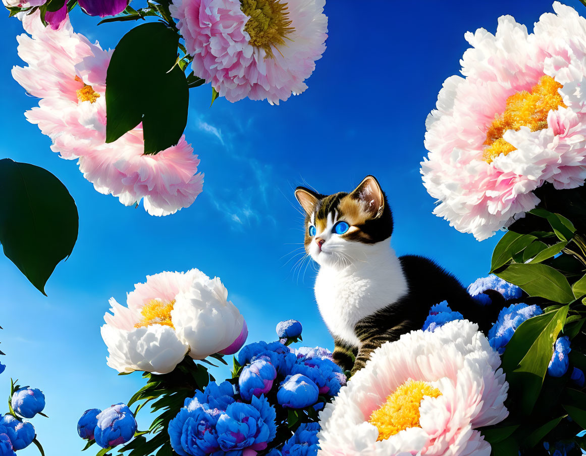 Calico cat surrounded by pink and blue flowers under clear blue sky