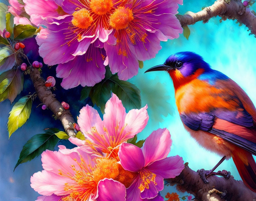 Colorful Bird Perched on Branch Among Pink Blossoms