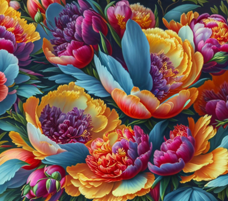 Colorful Peony Floral Pattern on Dark Background