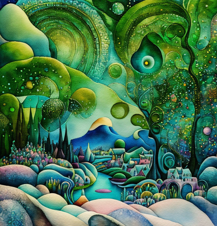 Colorful landscape painting with swirling patterns, village, and central mountain