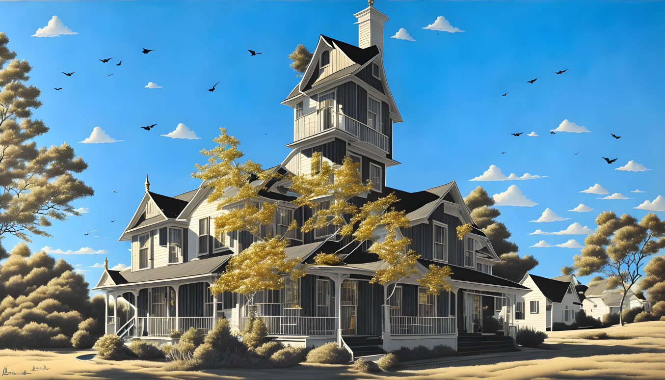 Monochromatic Victorian house surrounded by trees and surreal sky