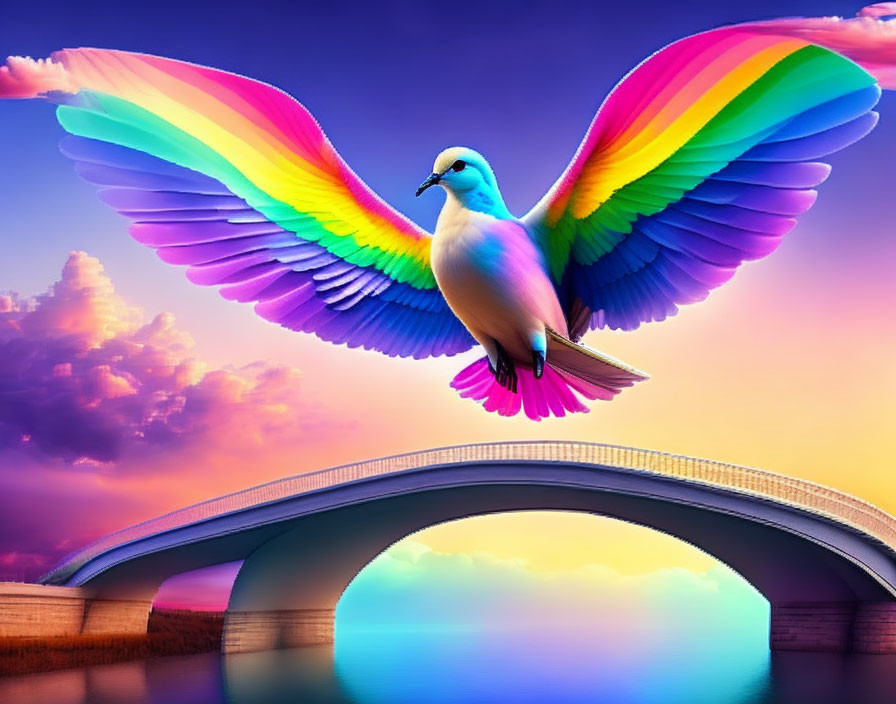 Colorful Bird Flying Over Bridge in Pastel Sky and Reflective Water