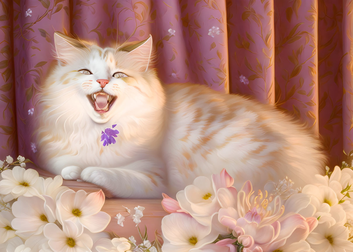 Fluffy white and ginger cat among pink flowers and purple curtains