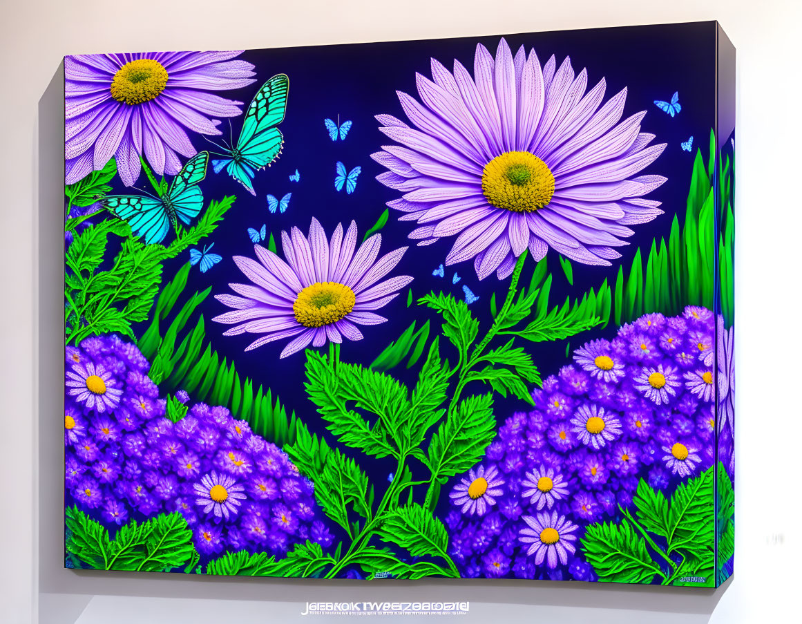 Colorful floral artwork with daisies, butterflies, and foliage on black background