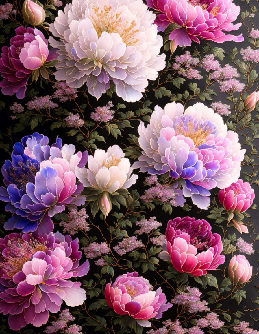 Colorful Peonies and Pink Filler Flowers on Dark Background