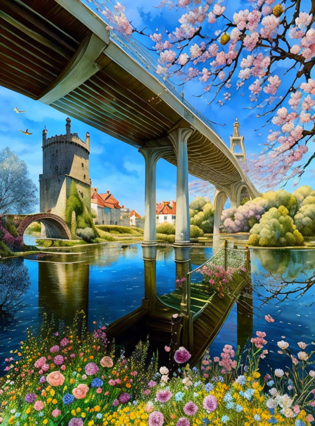 Old tower, modern bridge, river, trees, flowers, blue sky landscape.