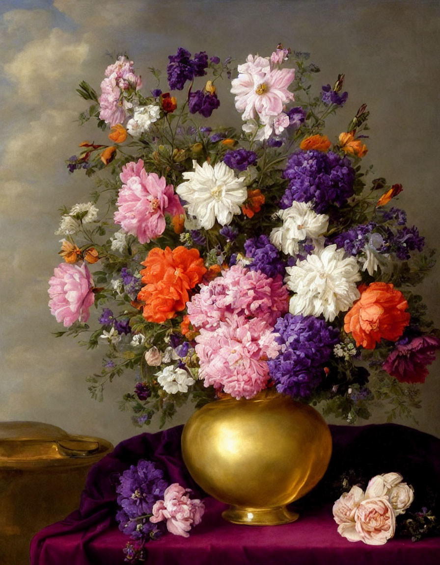 Classical still-life painting with multicolored flowers in golden vase