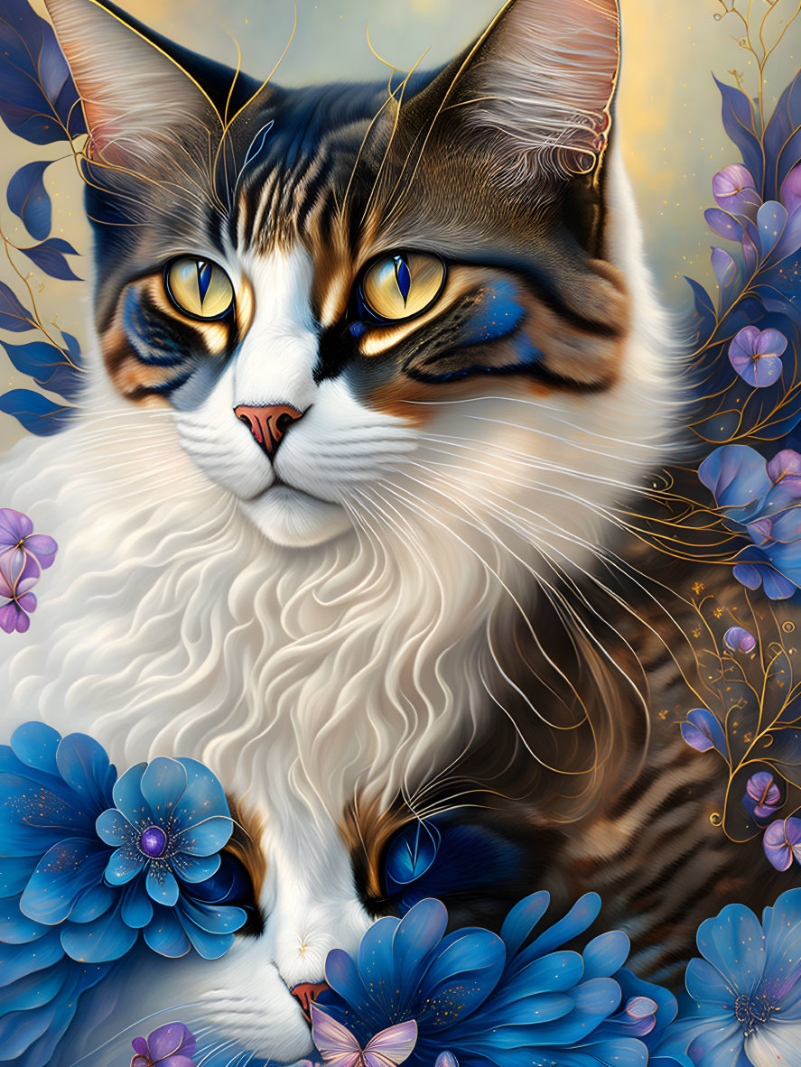 Majestic Cat with Yellow Eyes Surrounded by Blue Flowers and Golden Butterflies