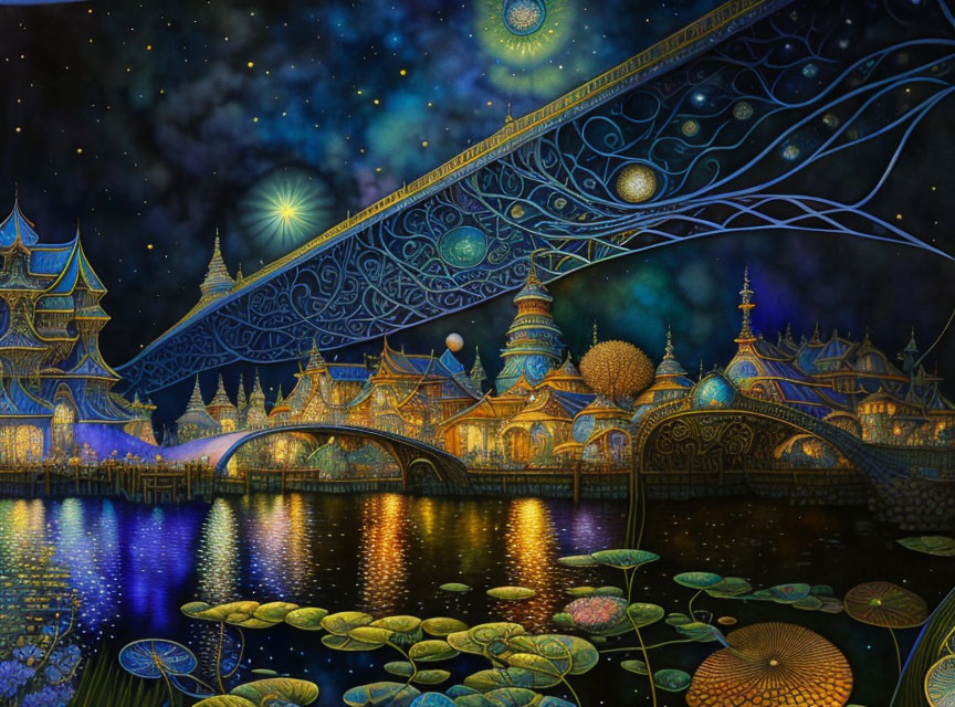 Fantastical night scene with luminous buildings, star-filled sky, arched bridge, and l