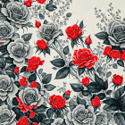 Detailed Floral Illustration: Red Roses, Dark Leaves, Swirls, Butterflies