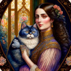 Colorful illustration of woman with cat in floral background