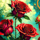 Colorful digital artwork featuring crimson roses with yellow-tinted edges, white flowers, and green leaves