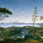 Tranquil landscape painting with lush greenery, calm lake, birds, and vibrant flora