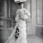 Vintage Lace Dress Woman with Bouquet on Stairs