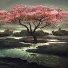 Majestic cherry blossom tree in serene fantasy landscape