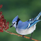 Colorful Blue and Gold Bird on Branch with Red Flowers Illustration